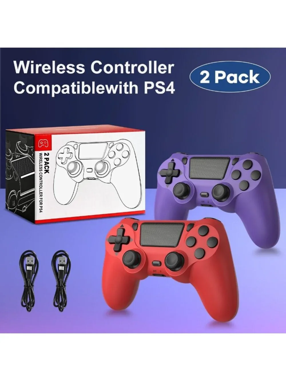 2 Pack Wireless Game Controllers for PS4/Pro/Slim - Purple & Red Bundle